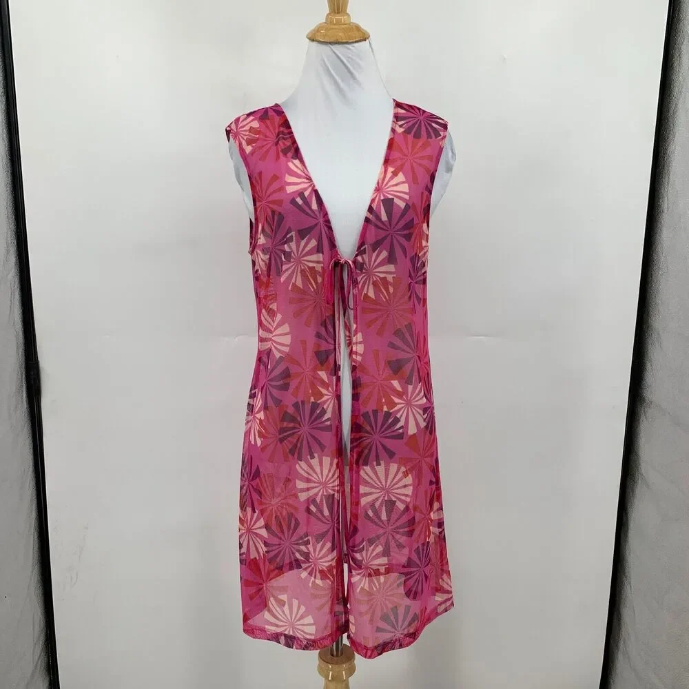 BCBGMaxazria Cover Up Womens M Medium Pink Multi Mesh Sleeveless Beach Tie Front